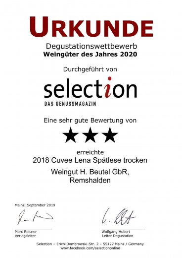 Urkunde Selection-Weingüter 2020- Cuvee Lena Spätlese