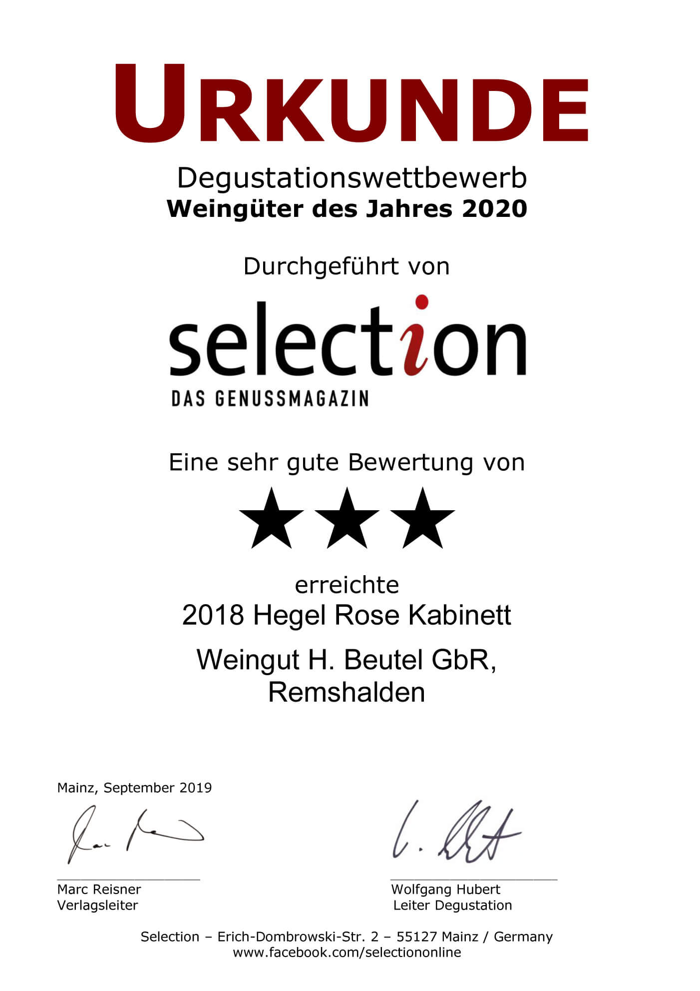 Urkunde Selection 2020 - Hegel Rose Kabinett 2018