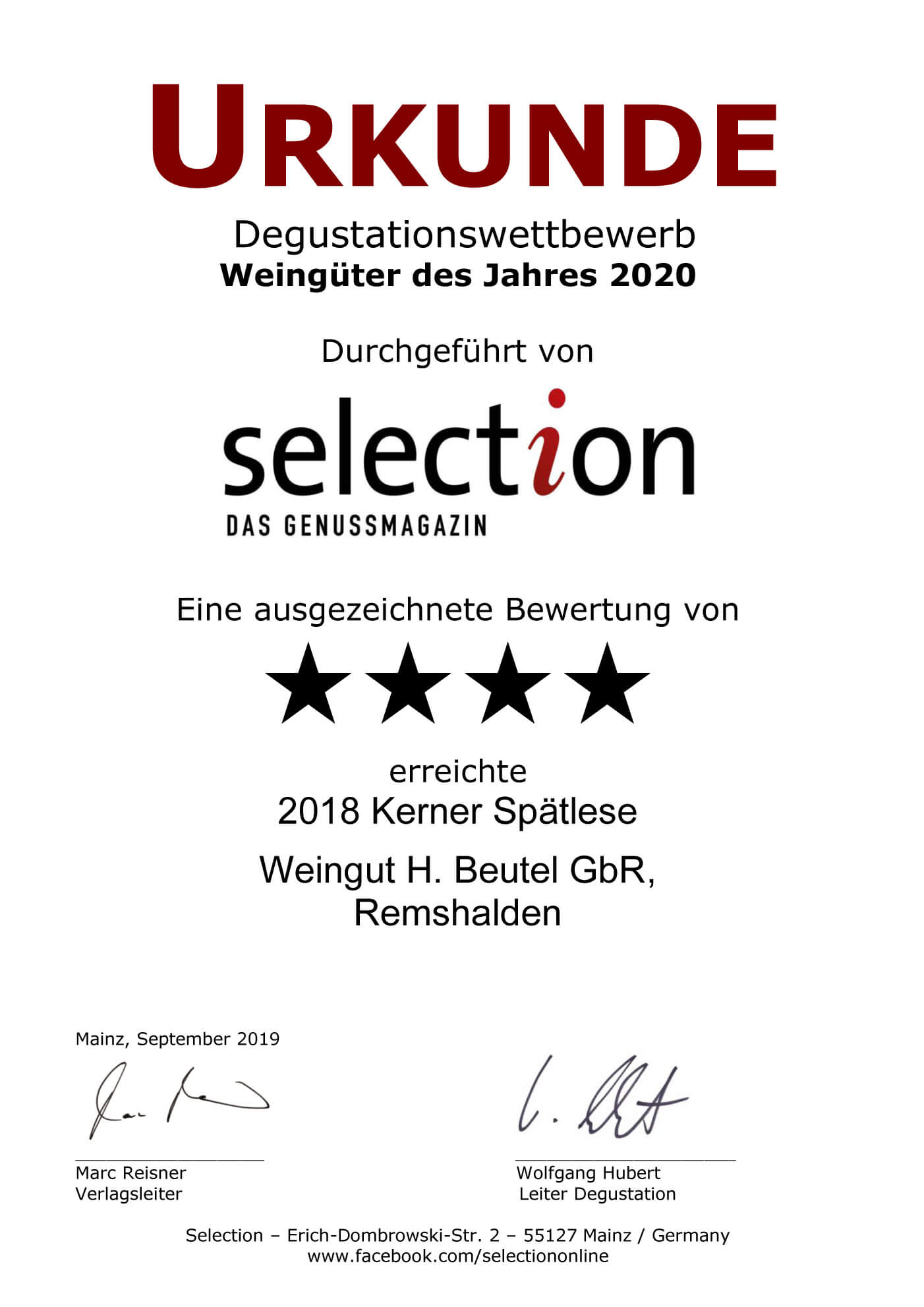 selection weingüter 2020 Kerner Spätlese 2018