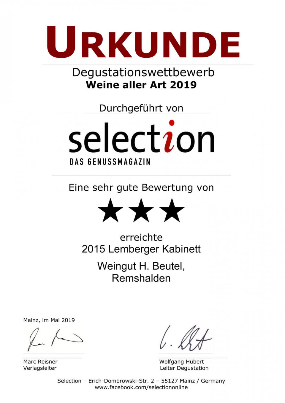 Urkunde SELECTION 2019 Weine aller Art - SEHR GUT - Lemberger Kabinett 2015