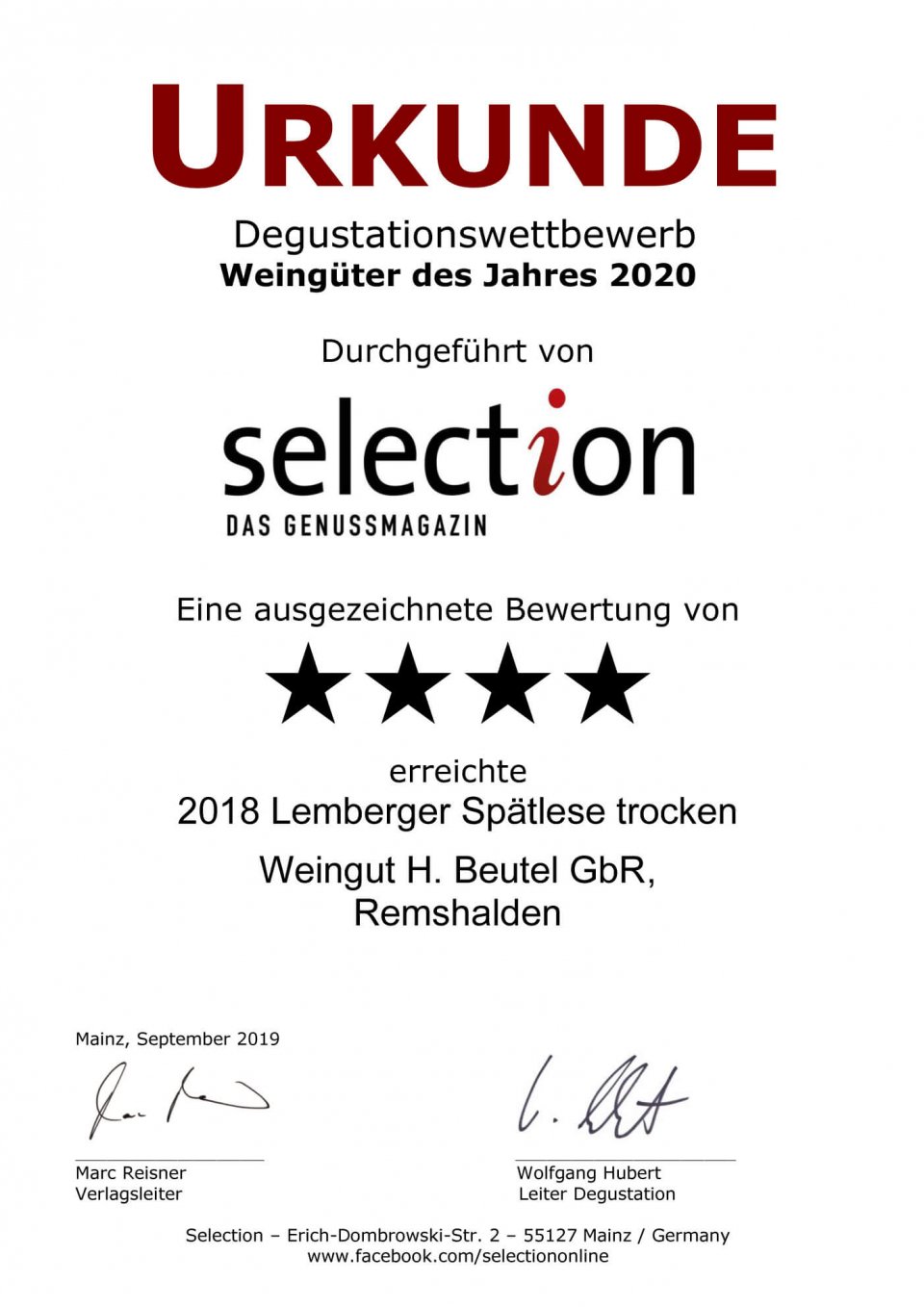 Urkunde Weingut 2020 - Lemberger Spätlese 2018