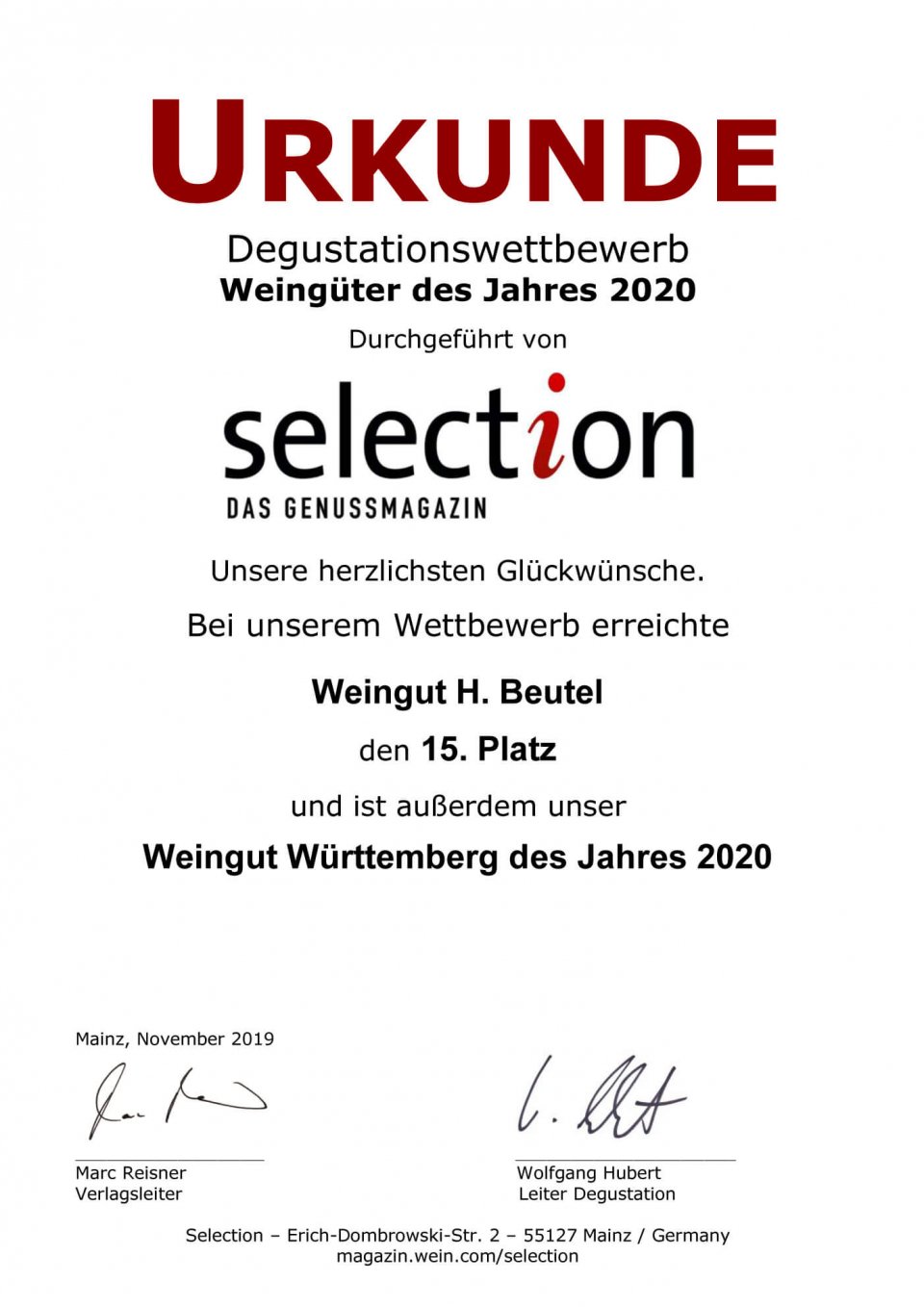 Urkunde Selektion Weingut Württemberg des Jahres 2020