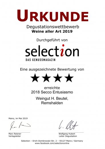 Urkunde SELECTION 2019 - Ausgezeichnet - Secco Entusiasmo 2018