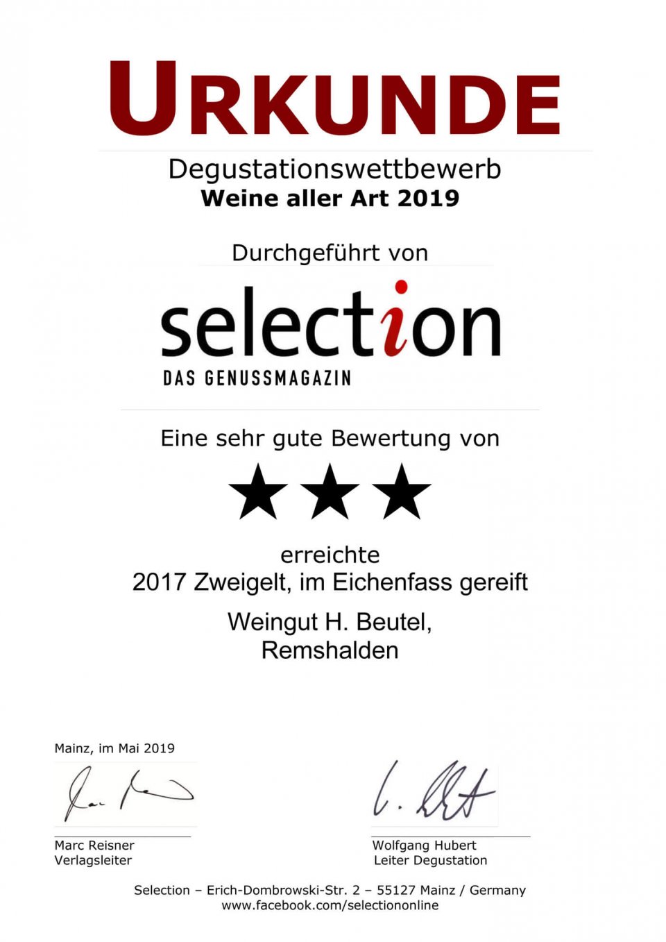Selection Urkunde Zweigelt im Eichenfass gereift 2017